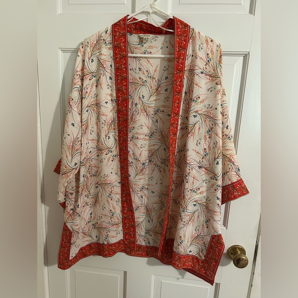 Max Studio Cream Floral Cape with Red Accents